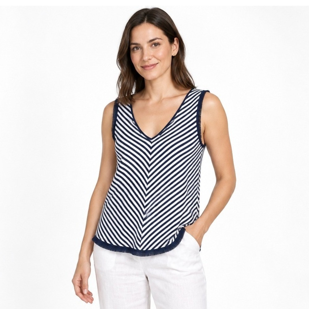 Striped V Neck Tank Top M Navy White Fringe Trim Coastal Preppy Resort Nautical